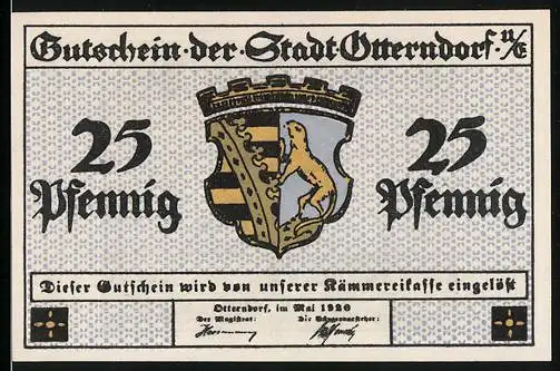 Notgeld Otterndorf a. E. 1920, 25 Pfennig, Aussenhafen und Wappen, Gutschein