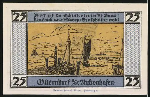 Notgeld Otterndorf a. E. 1920, 25 Pfennig, Aussenhafen und Wappen, Gutschein