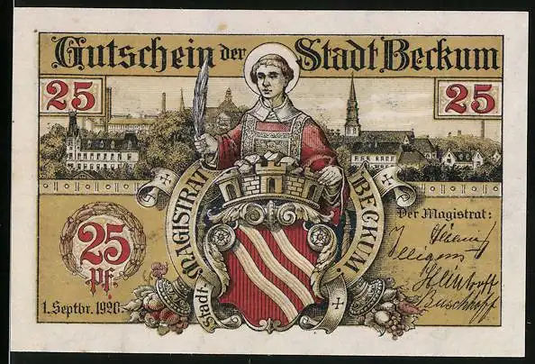 Notgeld Beckum 1920, 25 Pfennig, Stadtpanorama, Sonnenuhr und Wappen, Gutschein
