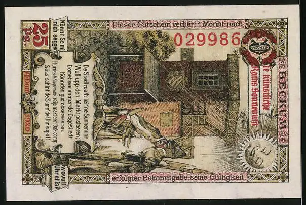 Notgeld Beckum 1920, 25 Pfennig, Stadtpanorama, Sonnenuhr und Wappen, Gutschein