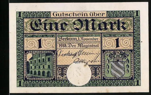 Notgeld Beckum 1918, 1 Mark, Beckumer Rathaus Püt, Signatur, Gutschein