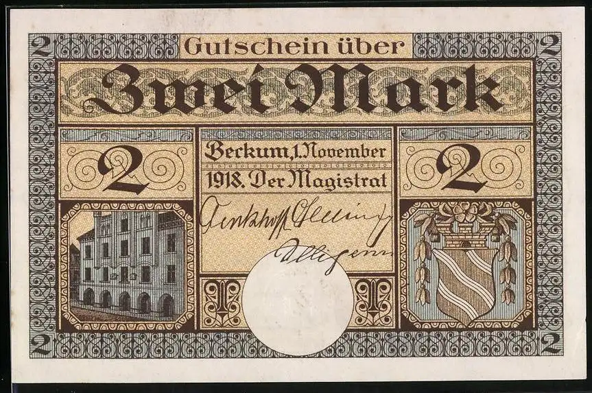 Notgeld Beckum 1918, 2 Mark, Kuh wird eine Mauer hochgezogen, Wappen, Gutschein