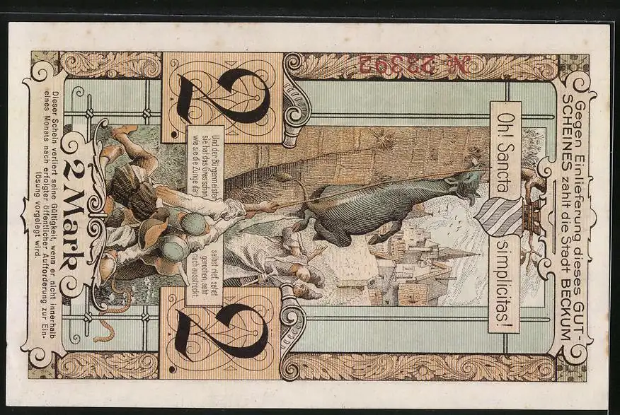 Notgeld Beckum 1918, 2 Mark, Kuh wird eine Mauer hochgezogen, Wappen, Gutschein