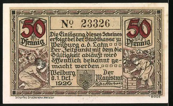 Notgeld Weilburg a. d. Lahn 1920, 50 Pfennig, Ortsansicht, Signatur, Gutschein
