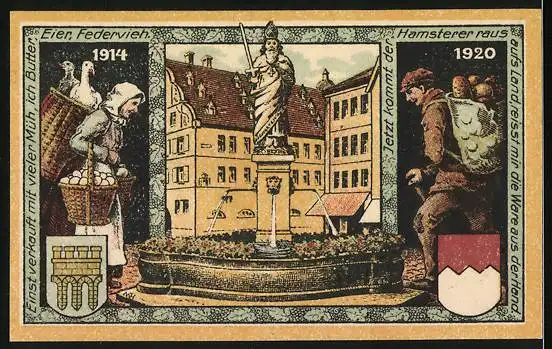 Notgeld Kitzingen a. M. 1920, 50 Pfennig, Kiliansbrunnen und Wappen, Gutschein
