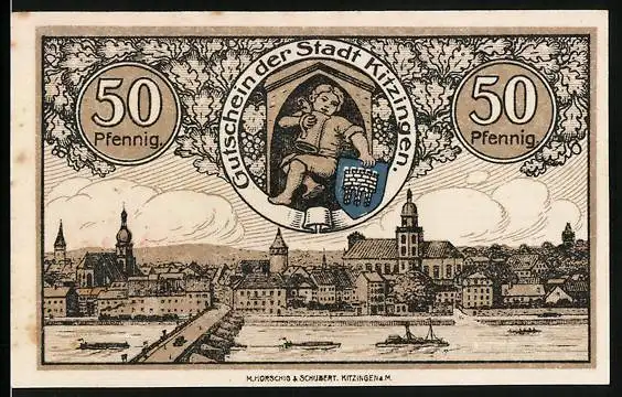 Notgeld Kitzingen a. M. 1920, 50 Pfennig, Stadtpanorama, Mann mit Bierkrug und Wappen, Gutschein