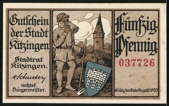 Notgeld Kitzingen a. M. 1920, 50 Pfennig, Stadtpanorama, Mann mit Bierkrug und Wappen, Gutschein