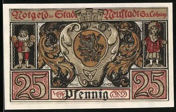 Notgeld Neustadt bei Coburg 1920, 25 Pfennig, Ortsansicht und Wappen