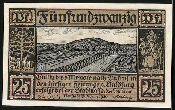 Notgeld Neustadt bei Coburg 1920, 25 Pfennig, Ortsansicht und Wappen