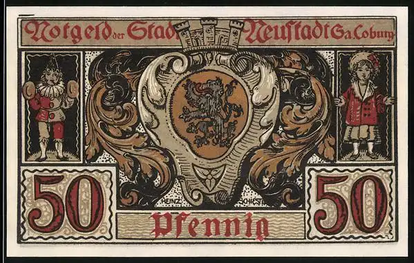 Notgeld Neustadt bei Coburg, 50 Pfennig, Ortsansicht und Wappen