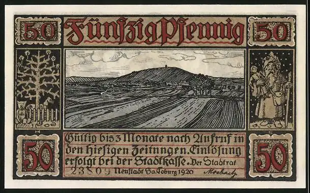 Notgeld Neustadt bei Coburg, 50 Pfennig, Ortsansicht und Wappen