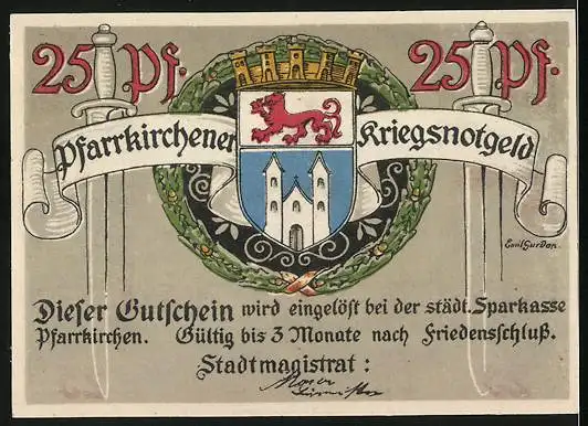 Notgeld Pfarrkirchen a. Rott., 25 Pfennig, Ortspartie mit Brunnen, Wappen