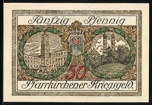 Notgeld Pfarrkirchen, 50 Pfennig, Kirche und Wappen, Jockey im Sulky, Gutschein