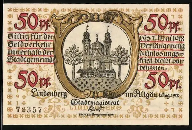 Notgeld Lindenberg i. Allgäu 1917, 50 Pfennig, KIrche, Soldat mit Schwert, Wappen