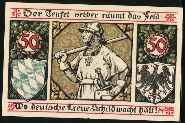 Notgeld Lindenberg i. Allgäu 1917, 50 Pfennig, KIrche, Soldat mit Schwert, Wappen