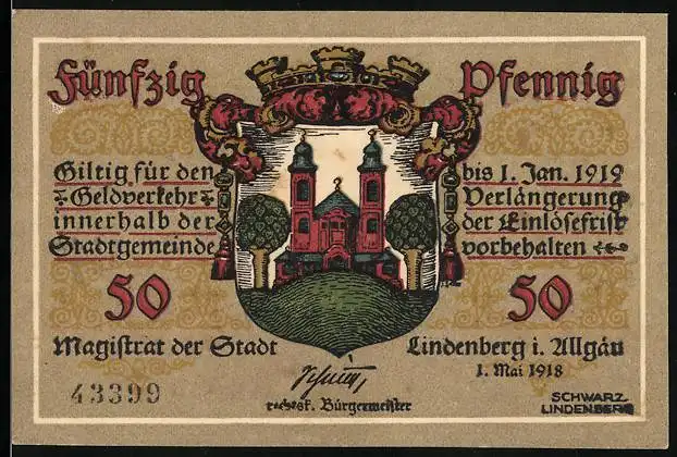 Notgeld Lindenberg i. Allgäu 1918, 50 Pfennig, Kirche, Soldat mit Stahlhelm, Wappen
