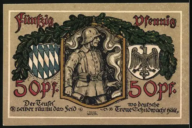 Notgeld Lindenberg i. Allgäu 1918, 50 Pfennig, Kirche, Soldat mit Stahlhelm, Wappen