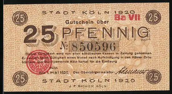 Notgeld Köln 1920, 25 Pfennig, Rathaus und Signatur, Gutschein