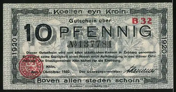 Notgeld Köln 1920, 10 Pfennig, Rathaus und Signatur, Gutschein