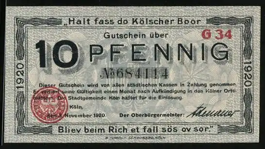 Notgeld Köln 1920, 10 Pfennig, Rathaus und Signatur, Gutschein
