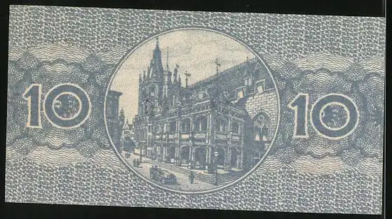 Notgeld Köln 1920, 10 Pfennig, Rathaus und Signatur, Gutschein