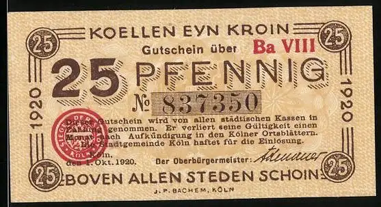 Notgeld Köln 1920, 25 Pfennig, Rathaus und Signatur, Gutschein