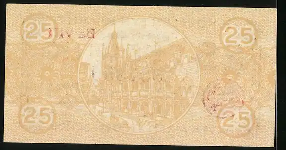 Notgeld Köln 1920, 25 Pfennig, Rathaus und Signatur, Gutschein