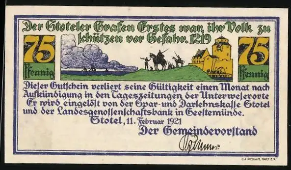 Notgeld Stotel 1921, 75 Pfennig, Bildnis Hermann Allmers, Stoteler Grafen schützen ihr Volk, Gutschein