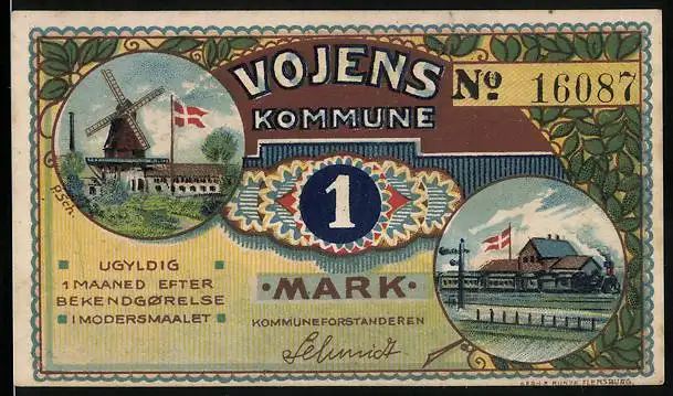 Notgeld Vojens, 1 Mark, Windmühle, Bahnhof