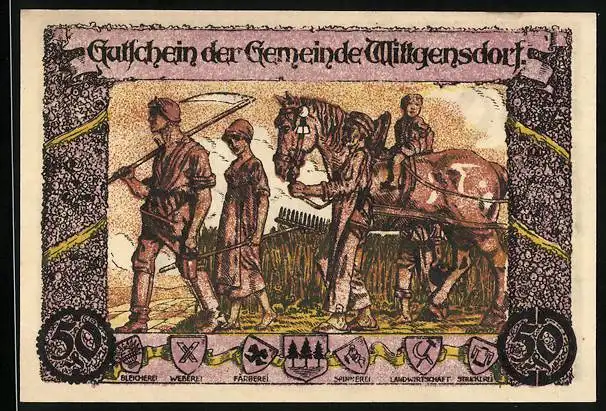 Notgeld Wittgensdorf 1921, 50 Pfennig, Bauern mit Pferd