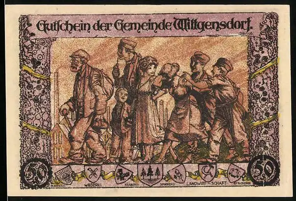 Notgeld Wittgensdorf 1921, 50 Pfennig, Arbeiter und Kinder vor Fabrik
