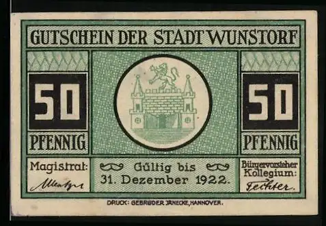 Notgeld Wunstorf 1922, 50 Pfennig, Wappen, Stiftskirche
