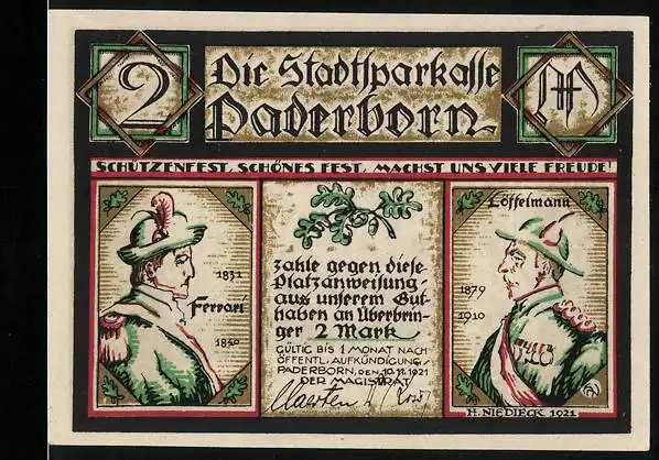 Notgeld Paderborn 1921, 2 Mark, Schützenfest, Auffahrt der Königin