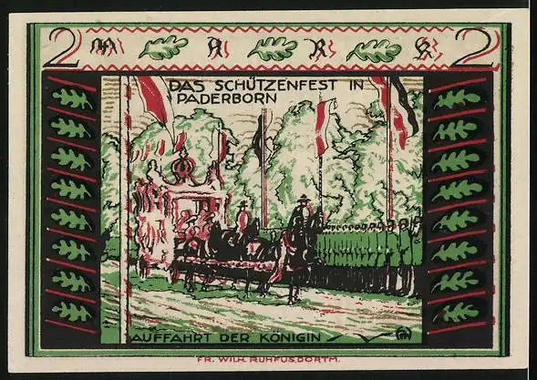 Notgeld Paderborn 1921, 2 Mark, Schützenfest, Auffahrt der Königin