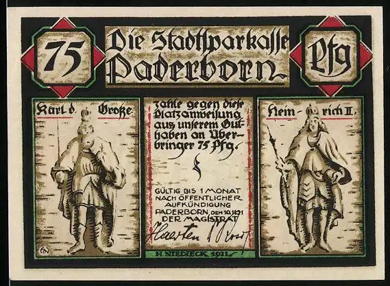 Notgeld Paderborn 1921, 75 Pfennig, Karl d. Grosse, Heinrich II., Krönung der Kaiserin Kunigunde