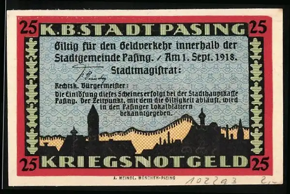 Notgeld Pasing 1918, 25 Pfennig, Ortsansicht, Wappen