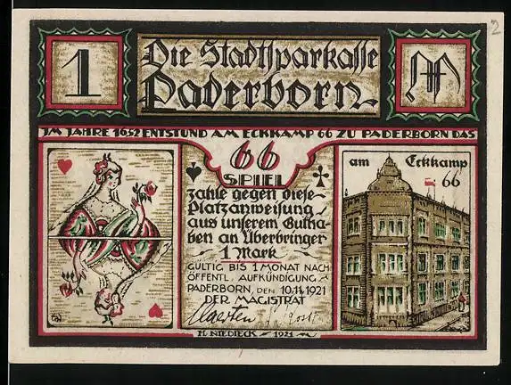 Notgeld Paderborn 1921, 1 Mark, Haus am Eckkamp 66