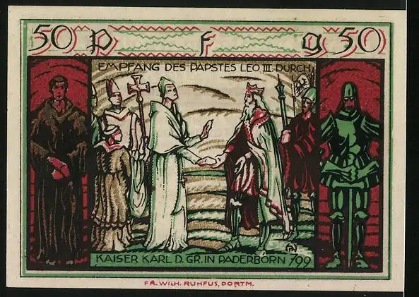 Notgeld Paderborn 1921, 50 Pfennig, Wappen, Empfang des Papstes durch Karl d. Grossen