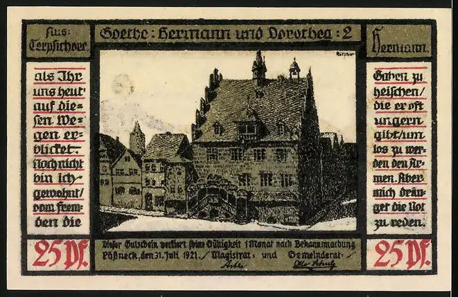 Notgeld Pössneck 1921, 25 Pfennig, Hermann u. Dorothea v. Goethe