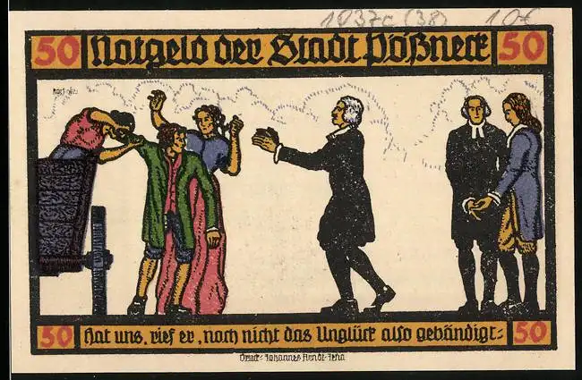 Notgeld Pössneck 1921, 50 Pfennig, Hermann u. Dorothea v. Goethe