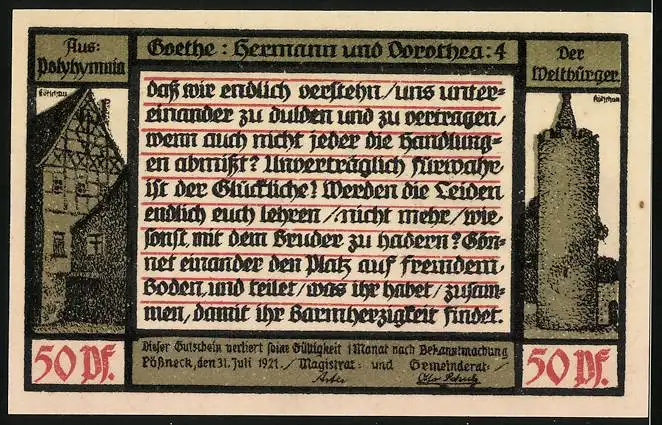 Notgeld Pössneck 1921, 50 Pfennig, Hermann u. Dorothea v. Goethe