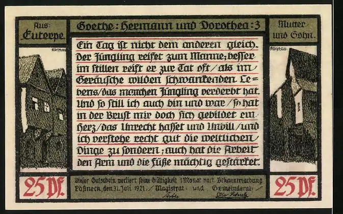Notgeld Pössneck 1921, 25 Pfennig, Hermann u. Dorothea v. Goethe