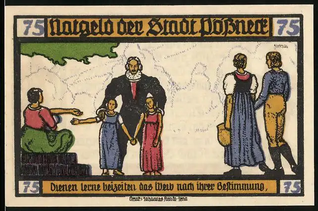 Notgeld Pössneck 1921, 75 Pfennig, Hermann u. Dorothea v. Goethe