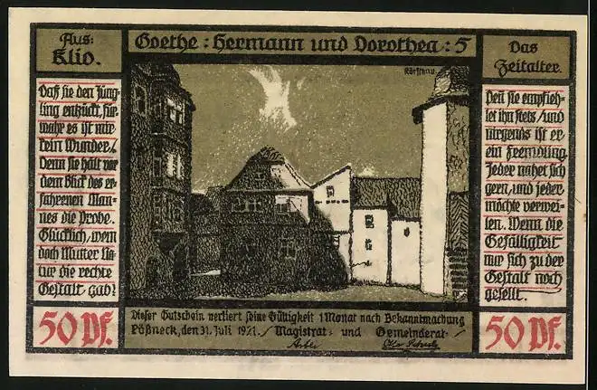 Notgeld Pössneck 1921, 50 Pfennig, Hermann u. Dorothea v. Goethe