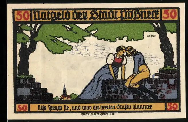 Notgeld Pössneck 1921, 50 Pfennig, Hermann u. Dorothea v. Goethe