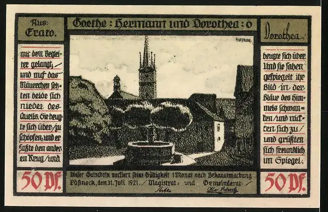 Notgeld Pössneck 1921, 50 Pfennig, Hermann u. Dorothea v. Goethe