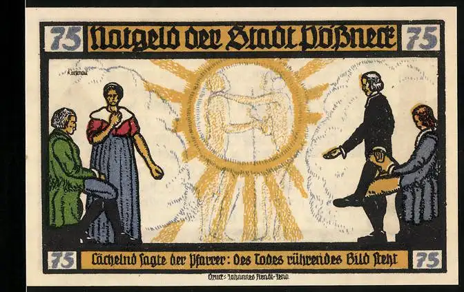 Notgeld Pössneck 1921, 75 Pfennig, Hermann u. Dorothea v. Goethe