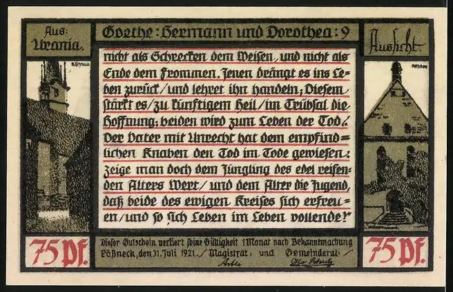 Notgeld Pössneck 1921, 75 Pfennig, Hermann u. Dorothea v. Goethe