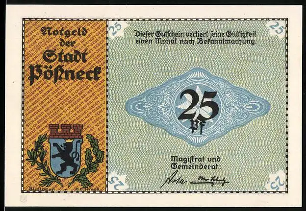 Notgeld Pössneck, 25 Pfennig, Rotationsdruckmaschine, Wappen