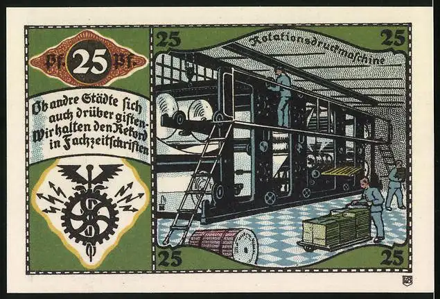 Notgeld Pössneck, 25 Pfennig, Rotationsdruckmaschine, Wappen
